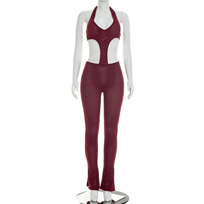 FLARORA Sexy Hollow See Through Jumpsuits Woman Trend Halter V Neck Sleeveless Backless Bandage Jumpsuit Hottie Street Overalls