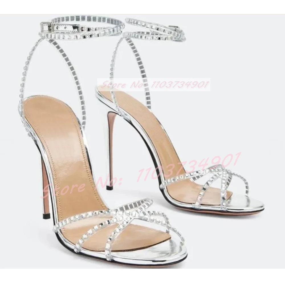 Shiny Leather Crystals Stiletto Sandals Women Ankle Strap Round Toe High Heels Shoes Ladies Luxury Elegant Sexy Party Sandals