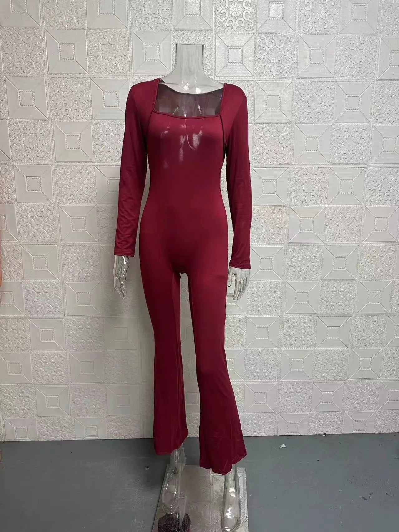 Foreign Trade Women's Long Sleeved Waist Cinching and Waist Lifting Square Collar Wide Leg High Elastic Jumpsuit
