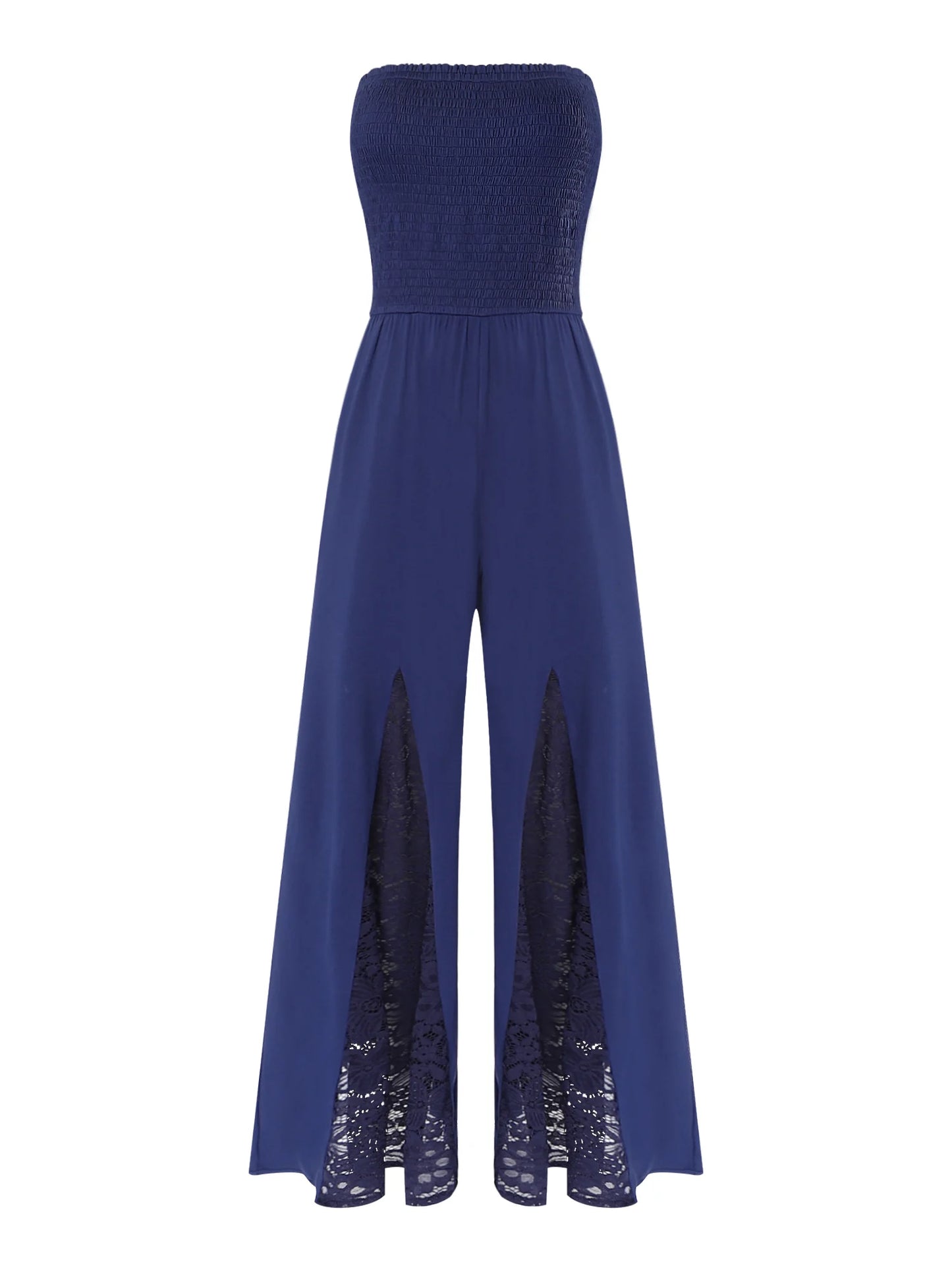 Women Strapless Jumpsuit Bandeau Elastic Bodice Sheer Floral Lace Patchwork Wide Leg Romper for Beach Vacation Party