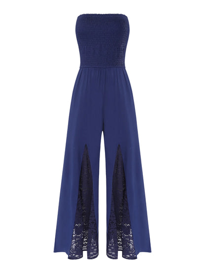 Women Strapless Jumpsuit Bandeau Elastic Bodice Sheer Floral Lace Patchwork Wide Leg Romper for Beach Vacation Party