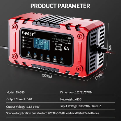 Smart 12V 6A Battery Charger For AGM LiFePO4 Cars Motorcycles Lawn Mowers