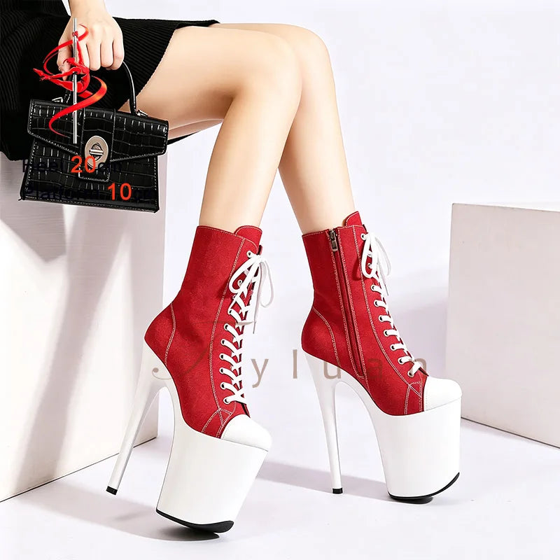 20CM/8Inch Extreme High Heel Platform Ankle Booties for Women Pole Dance Shoes Front Lace Up Black Denim Canvas Stiletto Boots