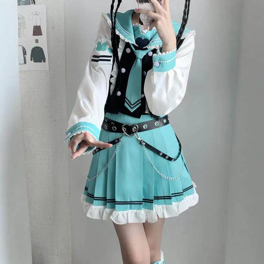 Japanese Sailor Fuku Sky Color Sailor Jk Uniform Set Gyaru Sleeve Black White Sailor Suit Korean Japan School Uniform Women
