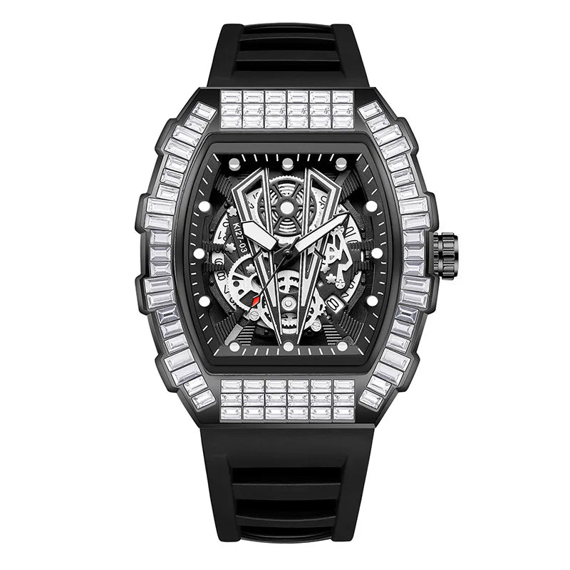 Classic Tonneau Full Diamond Case Quartz Watch Mens Fashion Top Casual Dial Rubber Personalize Watches  AAA Male Clock Relogio