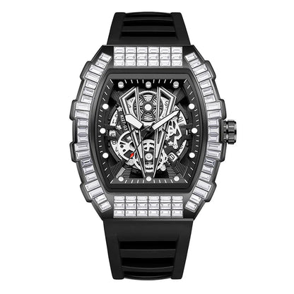 Classic Tonneau Full Diamond Case Quartz Watch Mens Fashion Top Casual Dial Rubber Personalize Watches  AAA Male Clock Relogio