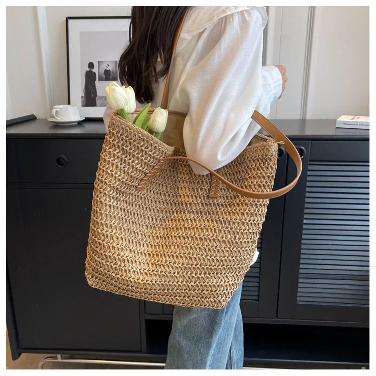 Hand-woven Women's Shoulder Handbag Bohemian 2025 Summer Fashion Straw Beach Tote Bag Travel Shopper Weaving Shopping Bags