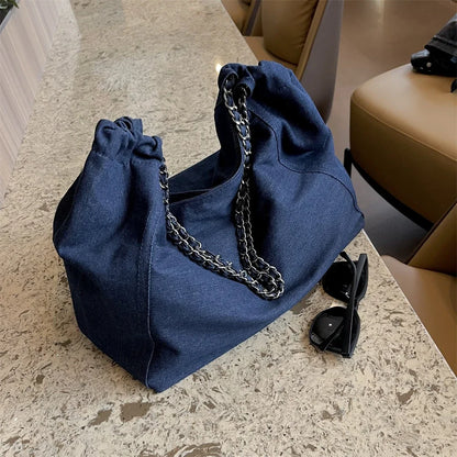 Chic Style Big Chain Shoulder Tote Bags For Women 2023 Luxury Designer Handbags Denim Fabric Pure Color Large Capacity Shoppers