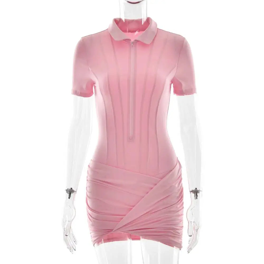 Sibybo Polo Collar Zipper Women Jumpsuits Set Short Sleeve High Elastic Rompers Ruched Bodycon Skirt Spring Casual Matching Sets