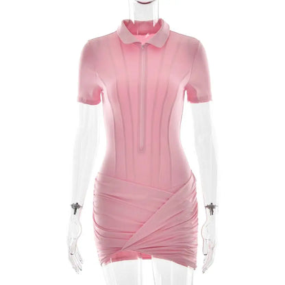 Sibybo Polo Collar Zipper Women Jumpsuits Set Short Sleeve High Elastic Rompers Ruched Bodycon Skirt Spring Casual Matching Sets