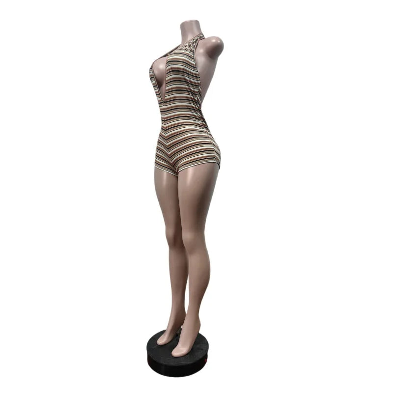 Summer Cute Baddies Romper Women Clothes Streetwear Halter Deep V-Neck Backless One Piece Striped Knit Ribbed Bodycon Jumpsuits