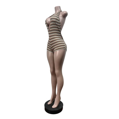 Summer Cute Baddies Romper Women Clothes Streetwear Halter Deep V-Neck Backless One Piece Striped Knit Ribbed Bodycon Jumpsuits