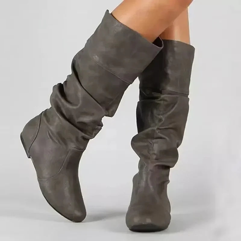 2025 New Women Flat Boots Fashion Pleated Leather Boots Autumn Winter Slip on Mid-Calf Shoes for Women Brand Designer High Boots