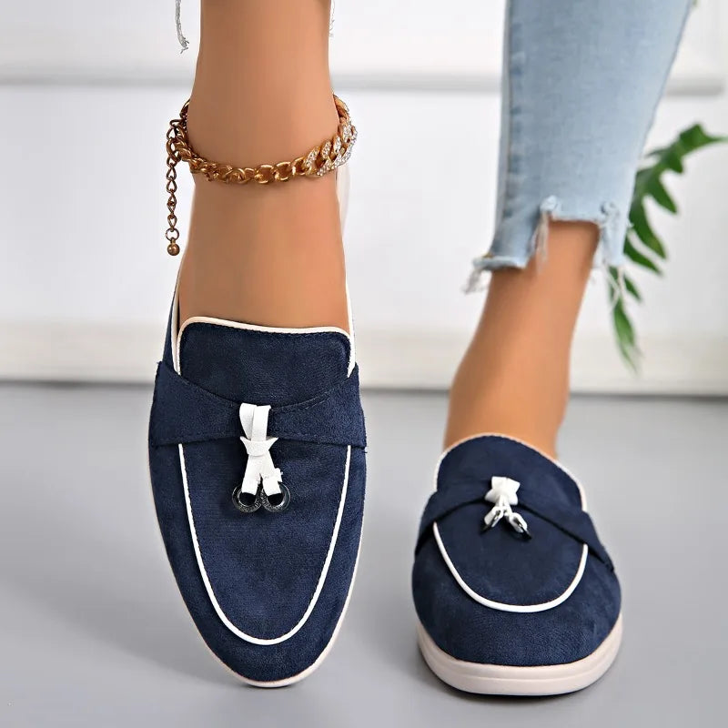 Four Seasons Women Suede Tassel Decor Backless Mule Loafers Non-Slip Flat Sole Slip-On Office Work Daily Casual Walking Shoes
