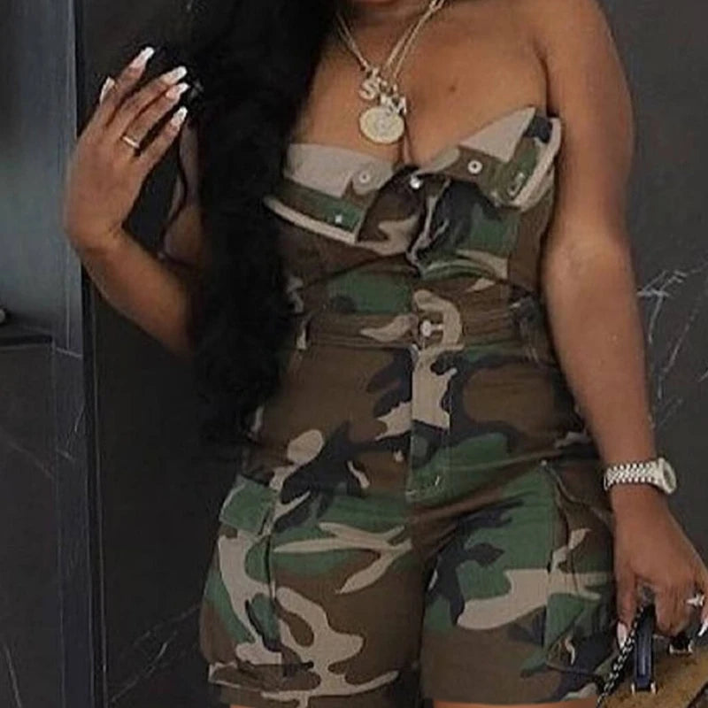 Camo Printed Women Shorts Jumpsuits Sleeveless Button Up Playsuit 2025 Summer New Streetwear Y2K Fashion Cargo One Piece Rompers