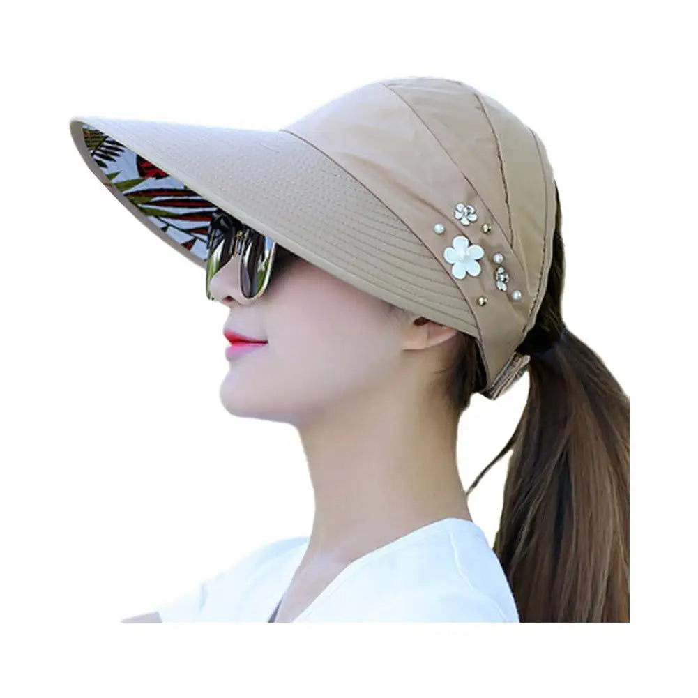 Women Summer Empty Top Sun Protection Cap Large Brim Anti-UV Ponytail Hat For Women Outdoor Travel Beach Visor Fisherman Hats