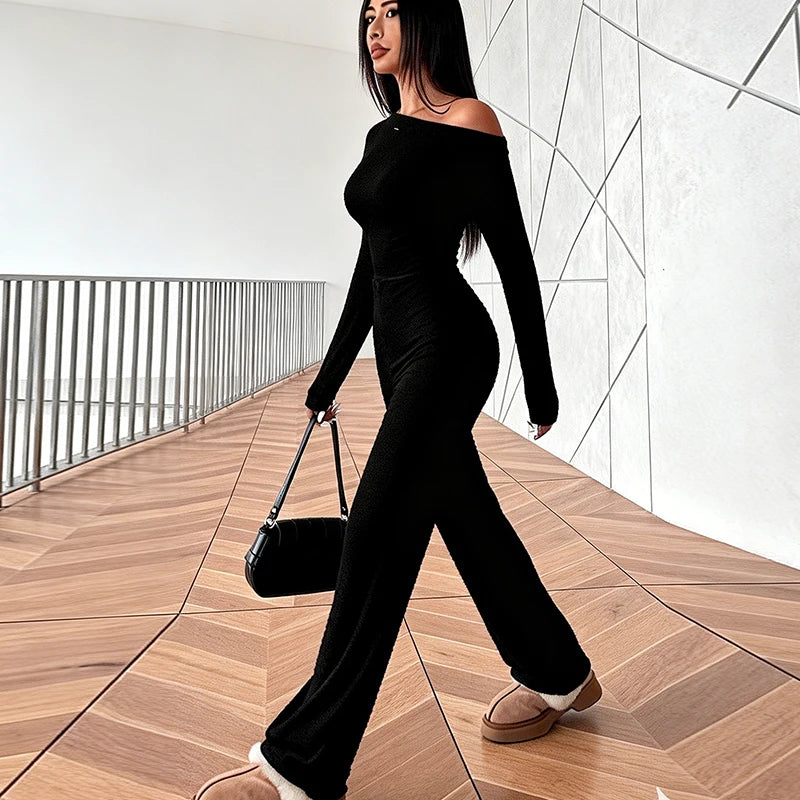 European American Autumn Fashion Casual Comfortable Slim Fit Sloping Shoulder Long Sleeved Women's Solid Color Long Jumpsuit