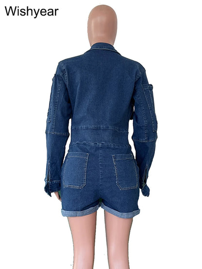 Fashion Blue Bodycon Denim Short Playsuits Women's Long Sleeve Washed Cargo Pocket Jumpsuits Streetwear Overalls Autumn Rompers