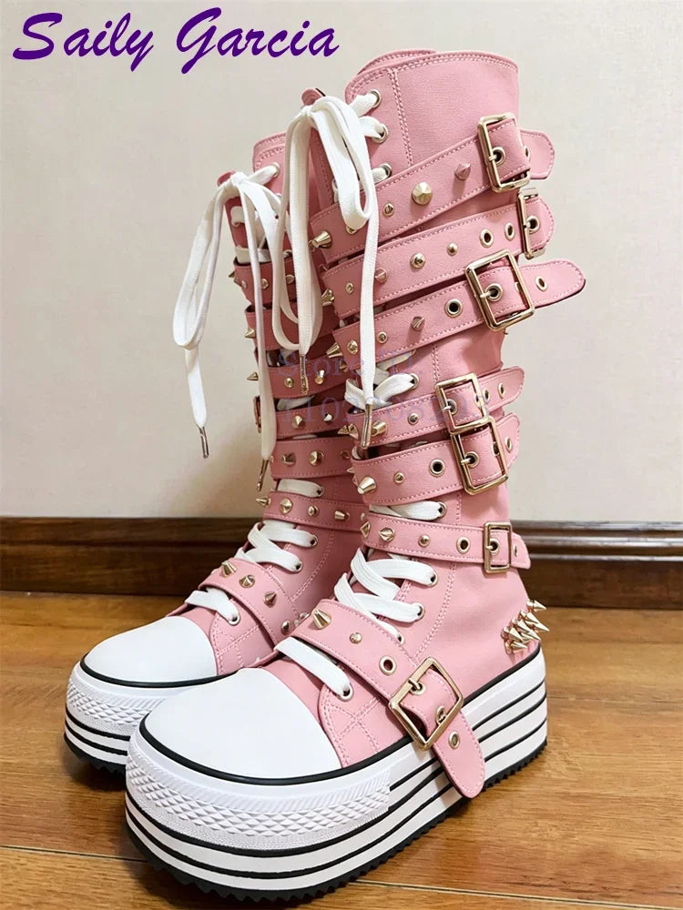 Festival Rave Orange Platform Boots Punk Rivet Buckle Straps Knee High Boots 2026 Fashion Thick Sole Women Shoes Party Footwear