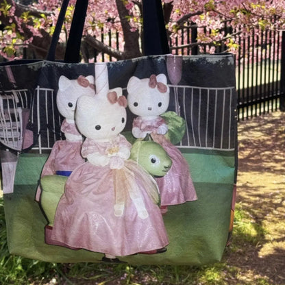 Y2k Hello Kitty Print Handbag Non-woven Fabric Creative Light-weight Shoulder Bag Large Capacity Leisure Shopping Bag for Women