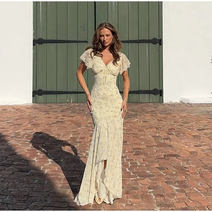 Fashion V-neck Floral Women Maxi Dress Flutter Sleeve Lace Trim High Waist Chiffon Vestidos Summer Female Daily Vacation Dresses