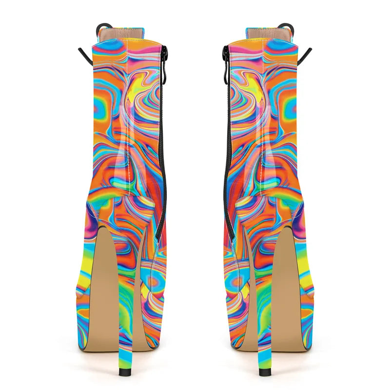Onlymaker Women Round Toe Platform Lace-up Stiletto Printed Side Zipper Stiletto High Heel Ankle Boots