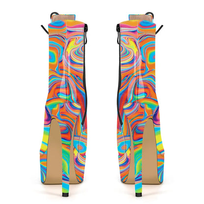 Onlymaker Women Round Toe Platform Lace-up Stiletto Printed Side Zipper Stiletto High Heel Ankle Boots