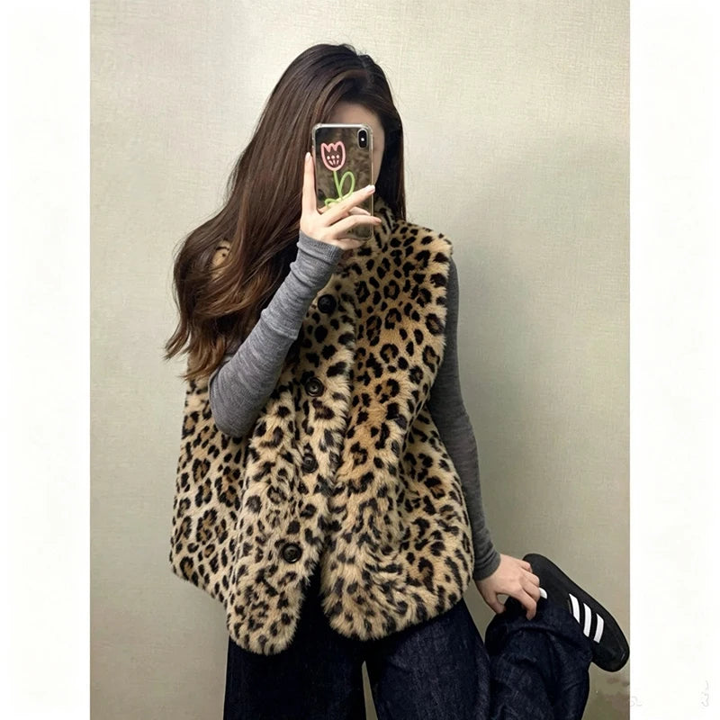 Faux Fur Y2K Leopard Vest Women Loose Vintage Winter Warm O Neck Streetwear Vests Casual Harajuku American Retro Lady Vest Coat