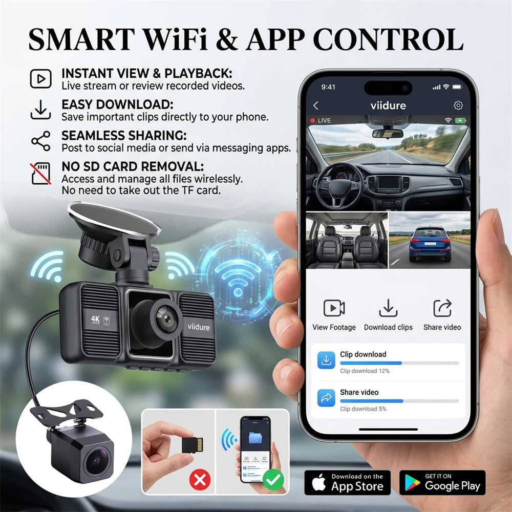 4K Dash Cam 3 Lens Driving Recorder WiFi Car DVR Front Inside Rear Triple Camera 2160P UHD Video Recorder 24H Parking Monitor