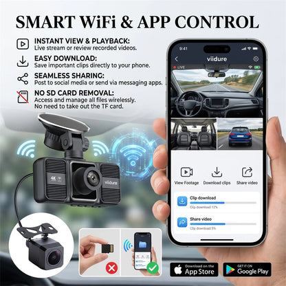4K Dash Cam 3 Lens Driving Recorder WiFi Car DVR Front Inside Rear Triple Camera 2160P UHD Video Recorder 24H Parking Monitor
