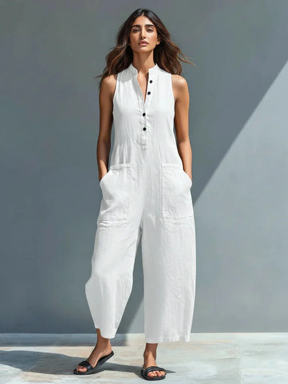 Cotton And Linen Jumpsuit Women Stand Collar Sleeveless Pocket High Waist Wide Legs Jumpsuits Casual Commuting Ladies Bodysuits