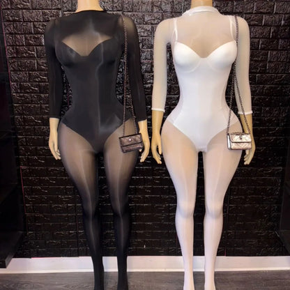 FLARORA Sexy Mesh See Through Jumpsuits and Bodysuits Suits Woman Wild Style Stretchy Skinny Playsuits Party Night Club Overalls
