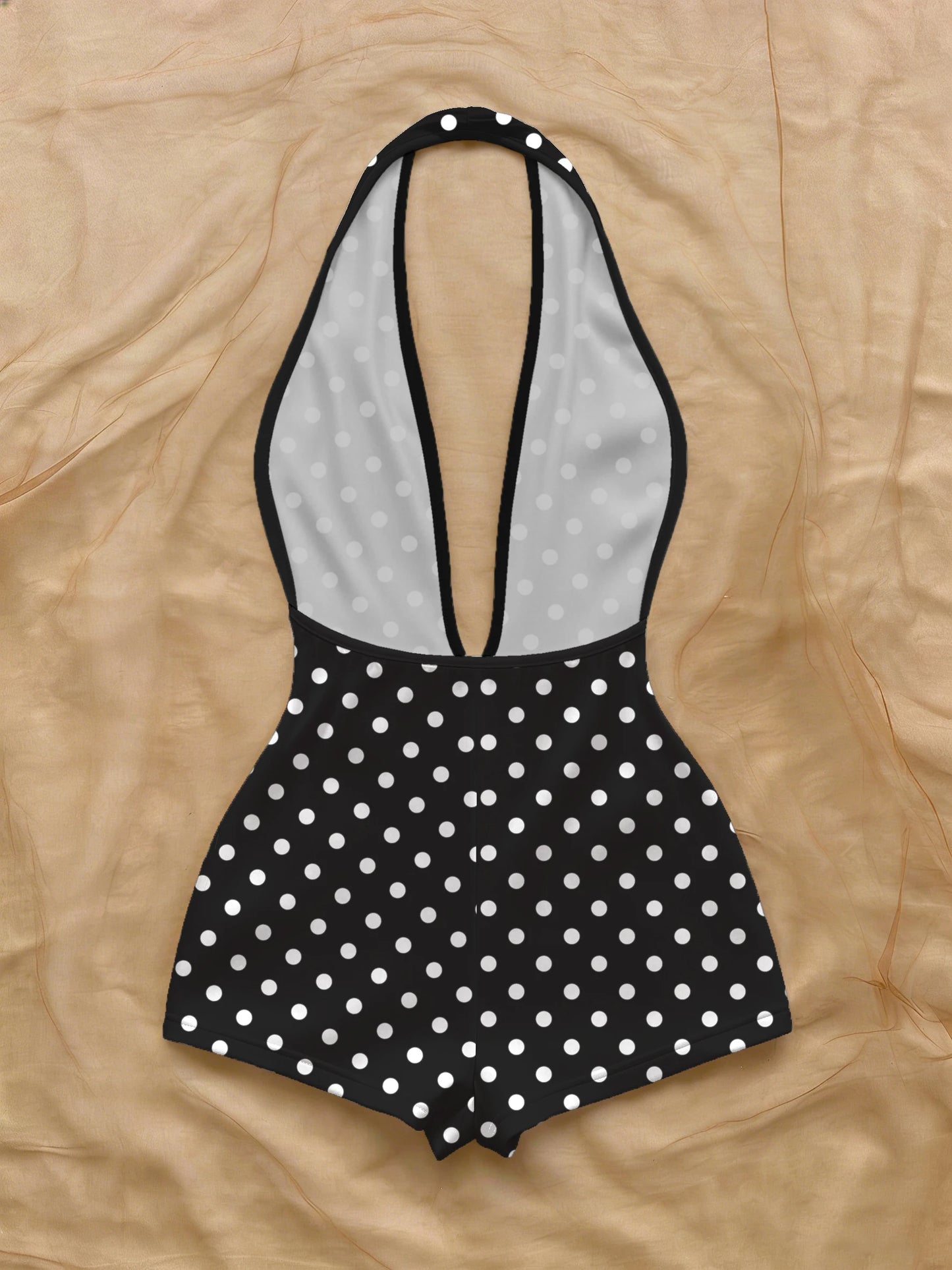 French-Style Retro Polka Dot Halter Neck Jumpsuit, Deep V Backless Waist-Cinching Slimming Hot Girl Beach Casual Jumpsuit