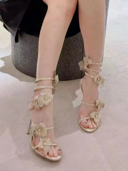 Luxury Rhinestones Flowers Women Gladiator Sandals Sexy Snake Twine Ankle Strap High heels Summer Wedding Prom Shoes Sandalias