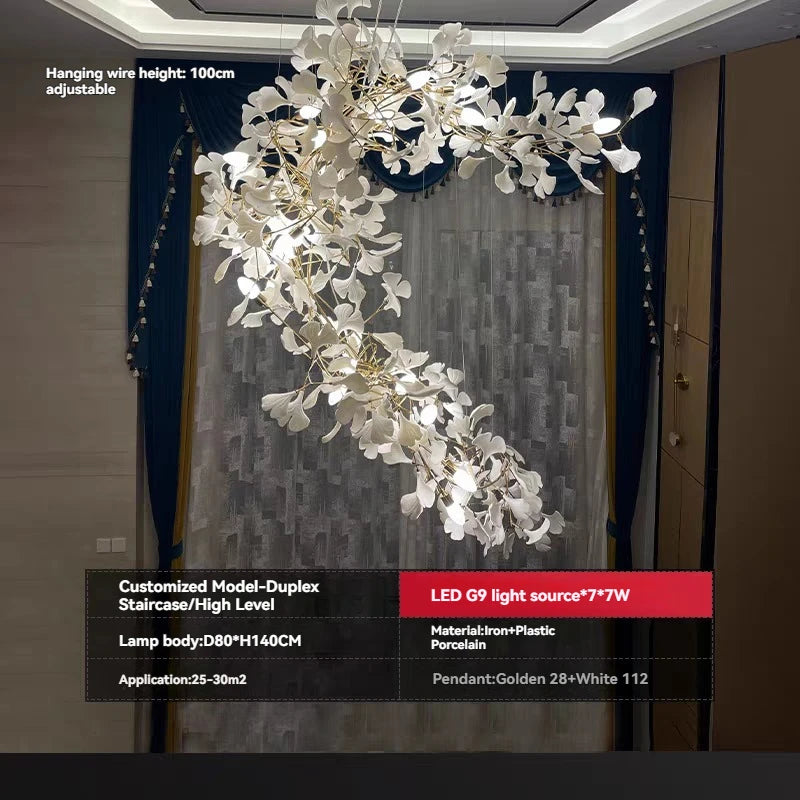 Ginkgo Leaves Loft Hanging Chandelier Light For High Ceiling Staircase Living Dining Room Modern White Porcelain Leaf Chandelier