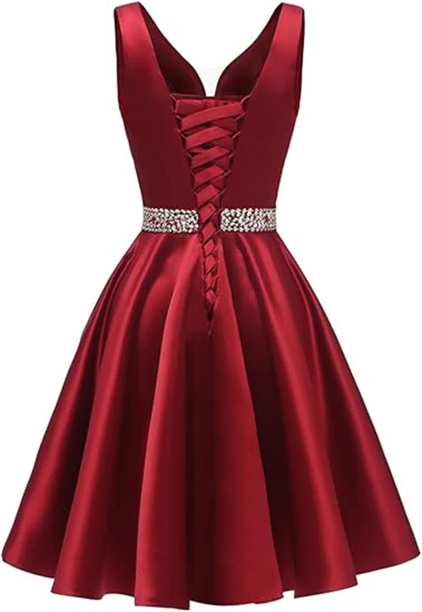 Customized Simple Satin Homecoming Dresses for Teens Short Prom Dress V-Neck Beaded Belts Evening Formal Cocktail Party Gowns