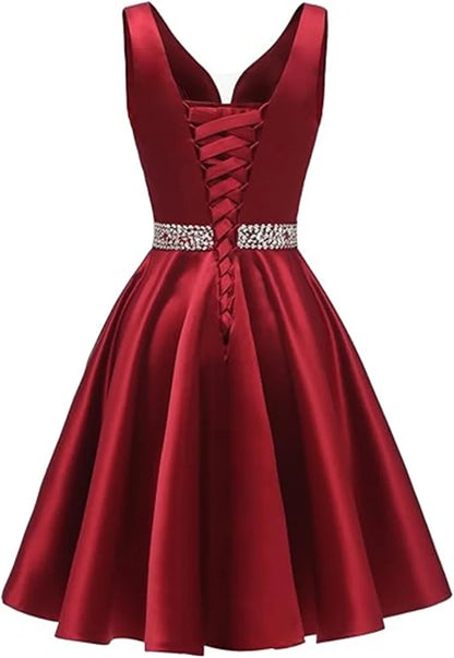 Customized Simple Satin Homecoming Dresses for Teens Short Prom Dress V-Neck Beaded Belts Evening Formal Cocktail Party Gowns