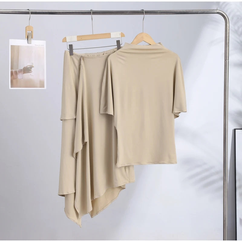 Fashion Elegant Casual Top Skirt Sets High Neck Loose Crop Shirt Irregular Pleated Hem Long Skirt 2026 New Lady Commuter Outfits