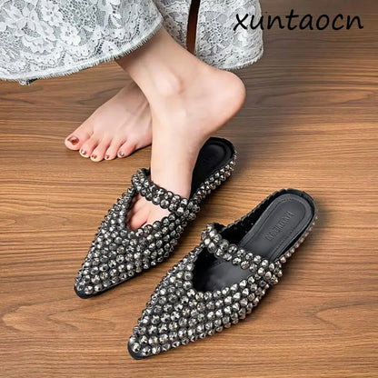 Luxury Rhinestone Pointed Toe Slippers for Women Sexy Backless Flats Mules Sandals Elegant Party Dress Mary Jane Shoes Ladies
