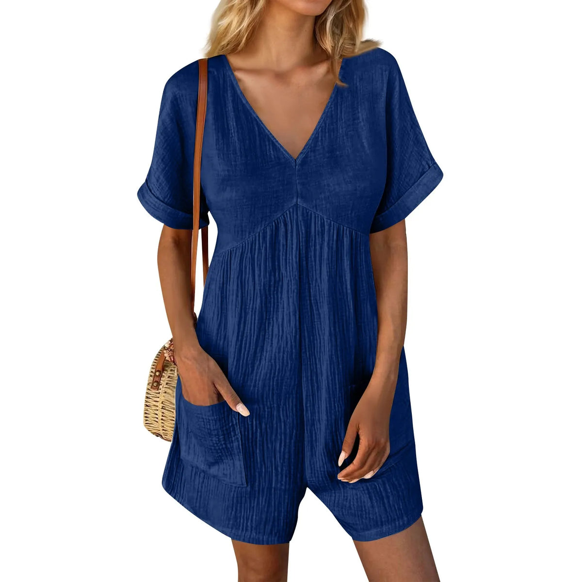 Summer Casual Overalls For Women Loose Ruched Short Sleeve V Neck Shorts Jumpsuits With Pockets Rompers Solid Bib Overall