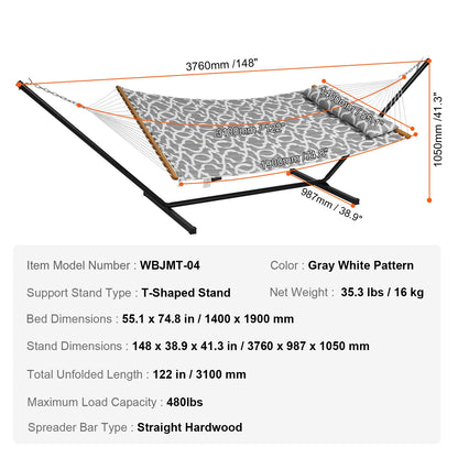 SucceBuy Two Person Hammock with Stand Included Double Hammock with Curved Spreader Bar and Detachable Pillow and Portable Bag