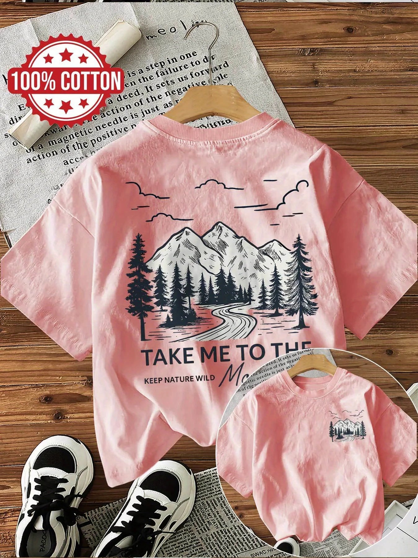 100% Cotton Women's T-Shirt Mountain Landscape Graphic Tee with "Take Me To The Wild" Slogan Casual Everyday Shirt Woman Girls