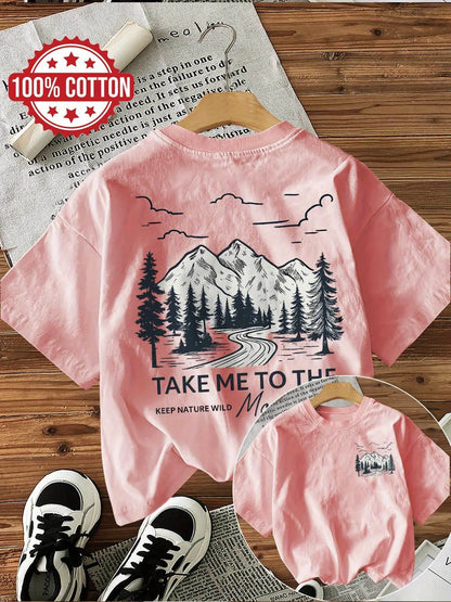 100% Cotton Women's T-Shirt Mountain Landscape Graphic Tee with "Take Me To The Wild" Slogan Casual Everyday Shirt Woman Girls