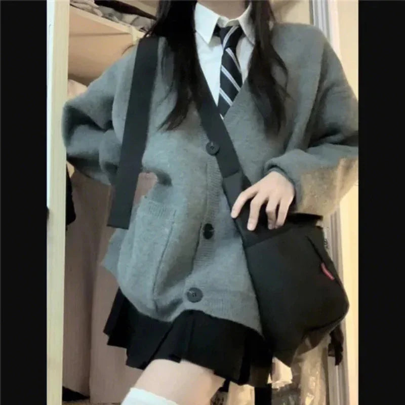 Japanese and Korean College Style V-neck Autumn Winter Grey S-8XL School Uniform JK Long Sleeve Women's Role Play School Girl