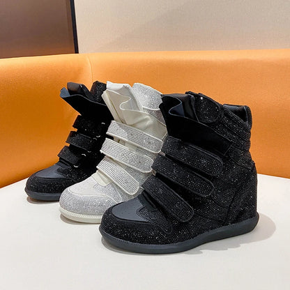 2026 Vintage Rivet Heightened Sneaker Wedge Velcro Casual Bright Diamond Booties