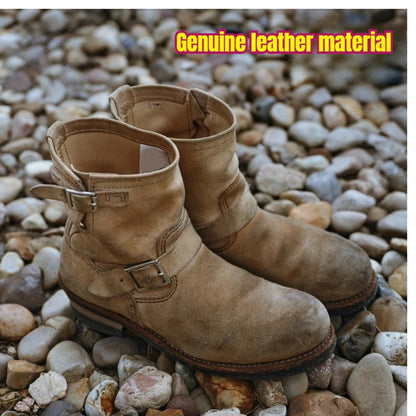 distressed Handmade Khaki Suede Work Boots Men's And Women's Engineer ort Boots American Retro Motorcycle Faded Mid-Calf shoes
