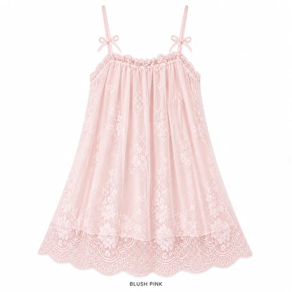 Women's Floral Lace Bow Strap Sleep Dress, Short A-Line Babydoll Nightgown, One Size Loungewear in Black White Pink Green