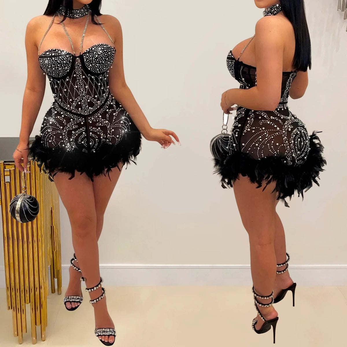 Sexy Bodysuit Women Jumpsuits Rompers Woman Clothes Diamonds 1 Piece Set Playsuit Mesh See Though Feather Female Clothing HXY262