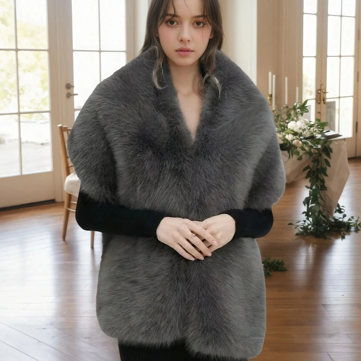A Handmade Polyester Faux Fox Fur Women's Fashion Shawl for Weddings, Parties, and Gatherings, a Warm and Stylish Accessory