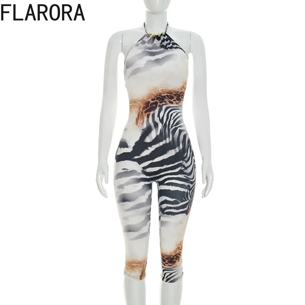 FLARORA Sexy Zebra Stripe Print Jumpsuits Woman Halter Sleeveless Backless Skinny Peach Hip Playsuits Hot Girl Street Overalls